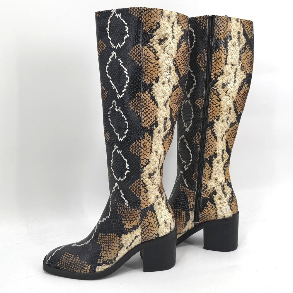 Crown Vintage Womens 6M Knee High Boots Snakeskin Print Block Heel Square Toe - Picture 1 of 7